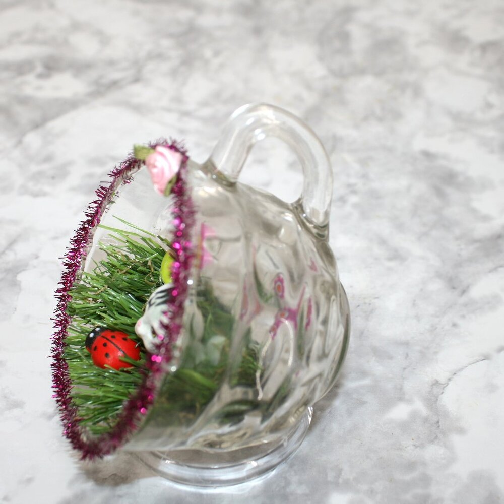 HAND CRAFTED Cat Gray Spring Decor Ornament Upcycled Cup Grass Animal Pet Floral - Picture 3 of 14